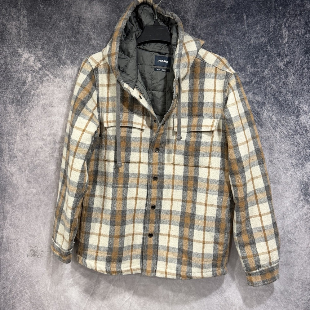 prAna Men’s Medium Plaid Wool Blend Hooded Shirt Jacket Quilted Lined Shacket